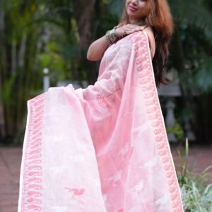 Peach Pure Linen Saree Handwoven and Handprinted