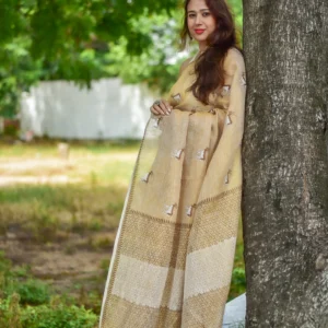 Pure linen Saree Handwoven and Handprinted Khaki Color