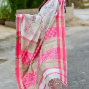 Maheshwari White and Pink Saree Handwoven & Handprinted